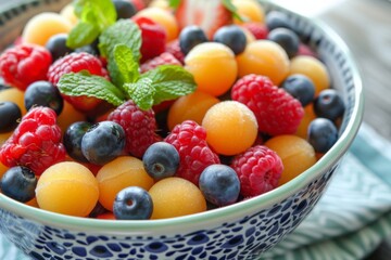 A bowl of vibrant fruit salad with mixed berries and melon balls