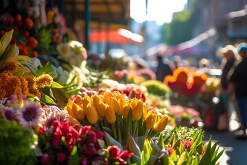 Colorful flowers on a market stall in Paris, France. Close-up - obrazy, fototapety, plakaty