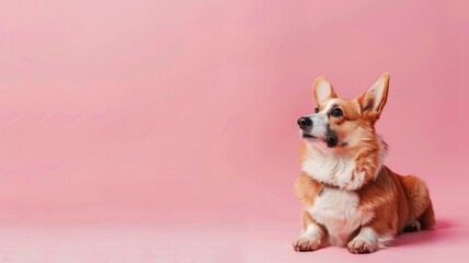 Corgi dog sits attentively against pink background