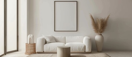 A white couch placed in a living room next to a tall window with natural light streaming in - obrazy, fototapety, plakaty