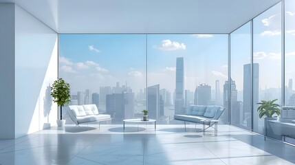 Minimalist modern living room foreground with high-rise city in the background, floor to ceiling windows, minimalist background, bright style
