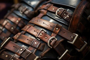 Buckled Straps: Close-up of buckled leather straps on a weapon. - obrazy, fototapety, plakaty