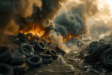 Toxic landfill full of rubber burning tires junkyard pollution waste disposal environmental disaster government regulation eco awareness threat plastic dump smoke fire damage to nature catastrophe - obrazy, fototapety, plakaty