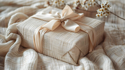 Obraz na płótnie Canvas Beautifully wrapped mother's day gift with a delicate satin bow, placed on soft, textured fabric.