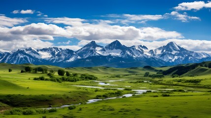 Panoramic view of Mongolian steppe and snow-capped mountains