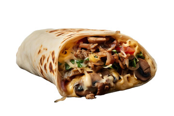 Tasty Mushroom and Onion Breakfast Burrito Isolated On White Backgorund