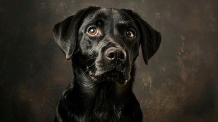 High-definition black dog on dark backdrop - A captivating high-definition image of a black dog on a dark background with strikingly detailed fur and soulful eyes - obrazy, fototapety, plakaty
