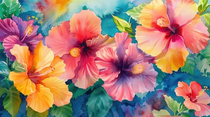 An array of tropical hibiscus with vivid colors splashed in watercolor