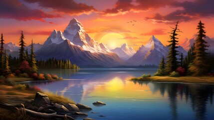 Mountains in Alaska at sunset. Panoramic view of the lake.