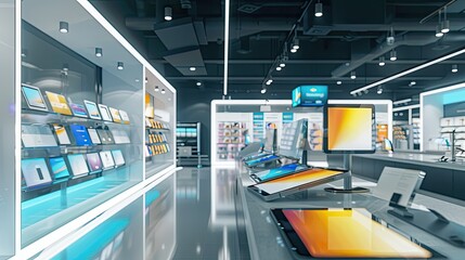 Electronics store display featuring smartphone and tablet mock-ups