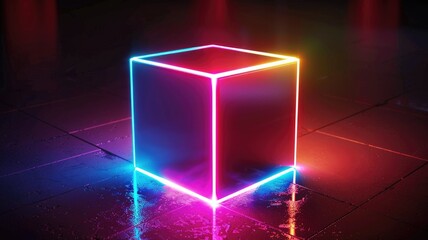 Colorful neon cube on reflective wet floor - A minimalist image of a neon cube casting colorful light reflections on a wet, crimson floor