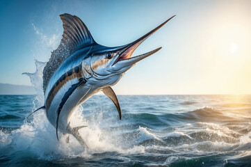 A majestic marlin leaps dynamically from the ocean, its spear-like upper jaw and vivid stripes catching the sunlight against a backdrop of the open sea and a clear sky.