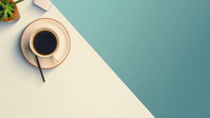 Elegant coffee cup setup on minimalist desk - A simplistic yet sophisticated composition with a coffee cup on a white desk, a plant, and a paper Shadow play creates an artistic tone