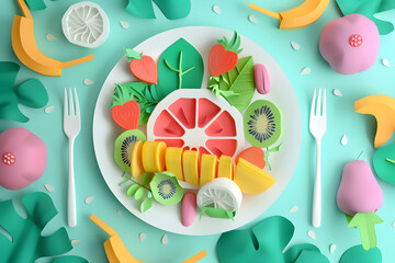 Fototapeta premium Fruits and healthy food illustration. Paper cutout art style