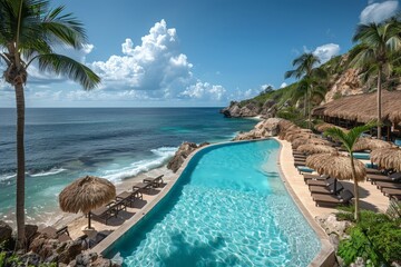 A panoramic view of the resort's pool and beach, with palm trees in the background.