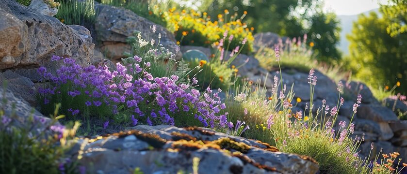 A rock garden with purple wild flowers a landscape with with a big space for text or product advertisement background, Generative AI.