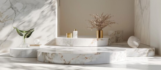 A close up of a marble table with a vase placed on top of it, showcasing elegance and luxury