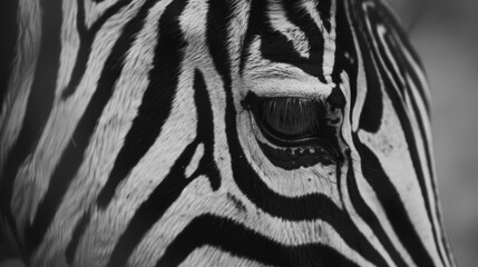 Zebra gazes camera, black-white backdrop