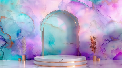 Obraz na płótnie Canvas Ethereal Beauty: Pastel Watercolor Smoke with Elegant Display Podium - Dreamy Background for Product Showcases and Whimsical Design Projects