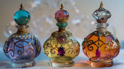 Three glass bottles with varied designs on table