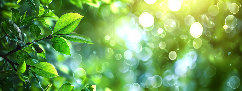 Lush Canopy Glow: Fresh Green Leaves with Sunlight Bokeh - Natural Background for Eco-Friendly Concepts and Serene Wallpapers