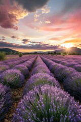Fototapeta premium A tranquil lavender farm in the countryside, with neat rows of fragrant purple flowers stretching towards the horizon under a pink and orange sunset, Generative AI
