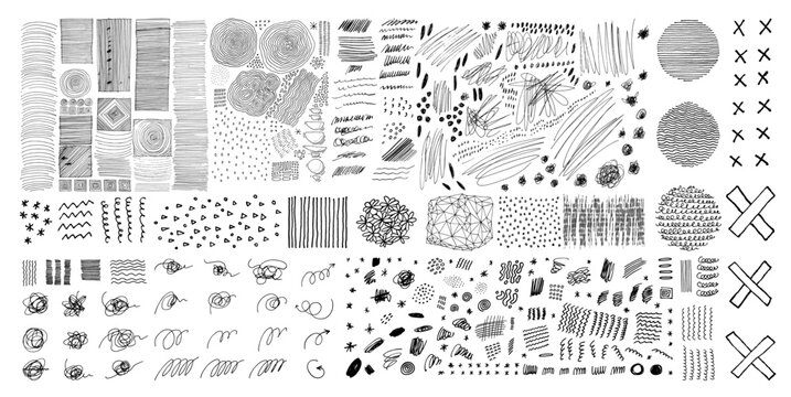 Big vector set of grungy line arrows, squiggles, crosses, textures. Hand drawn pen line block scribbles, crosshatches and dots isolated on transparent background. Contemporary creative design elements