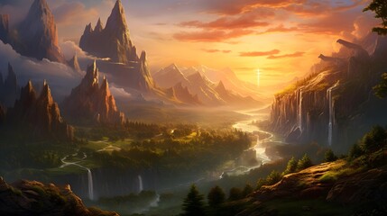 Fantasy landscape with mountains, river and sunset. Digital painting.