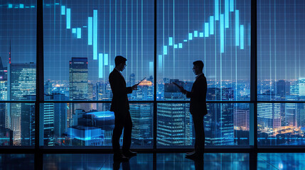 Fototapeta na wymiar Two men are standing in front of a city skyline, looking at their tablets. Scene is focused and professional, as the men are likely discussing business or financial matters