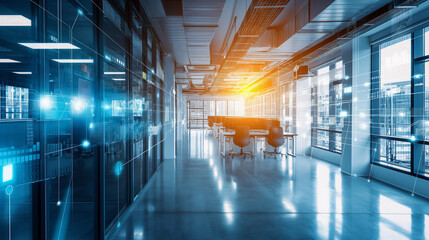 Fototapeta premium A large open office space with a bright yellow sun shining through the windows. The room is filled with computer monitors and chairs, and the walls are covered in blue and white patterns