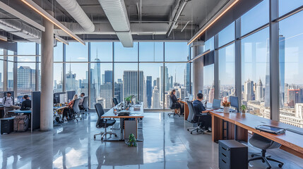 A large open office space with a view of the city. The office is filled with people working at their desks - obrazy, fototapety, plakaty