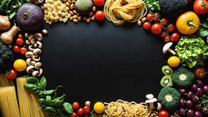 Vegan food, top shot of fruits, vegetables, pasta, legumes, mushrooms, forming a frame on a black...