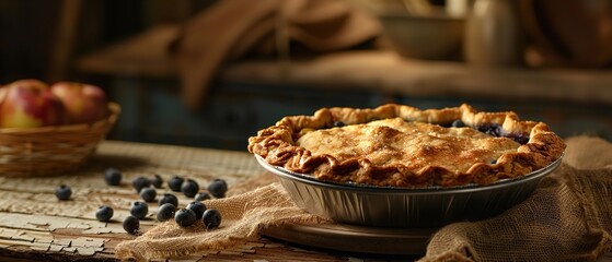 A close shot and top view of culinary photography over buttery pie with apple and blueberry over a old wooden surface with a big space for text or product backdrop, Generative AI.