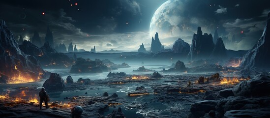 Alien landscape with lava and large moon