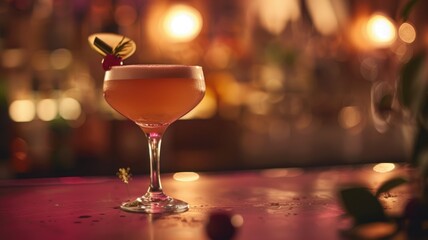 Elegant cocktail in a dimly lit bar scene - A sophisticated cocktail adorned with a garnish, set against a warm, blurred background of a cozy bar