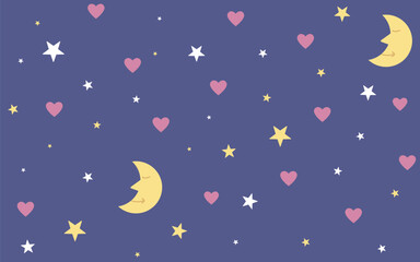 Crescent moon, stars and hearts isolated on a blue background. Cute children's seamless pattern. Flat style. Background for paper, cover, textile, dishes, interior decor.