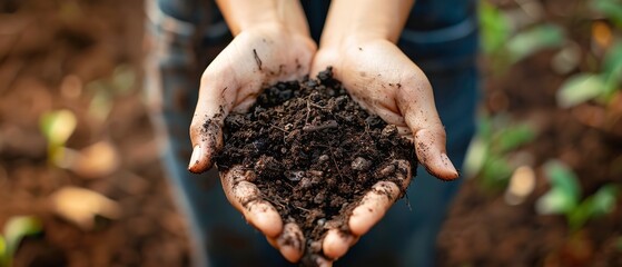 Close shot of a unrecognized woman hand holding compost moist soil in hand with a blurry field view and0 space for text or advertisement backdrop, Generative AI.