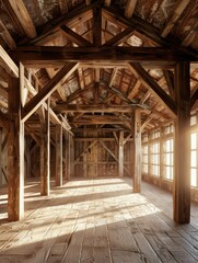 Fototapeta na wymiar Rustic attic with intricate wooden beams - An interior view of a rustic styled attic room with detailed wooden beam construction