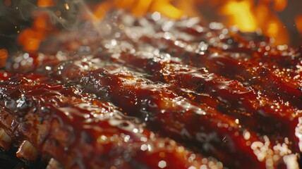 Juicy BBQ ribs cooking over open flames - Close-up of succulent barbecued ribs glistening with sauce as they cook over vibrant flames, smoke rising