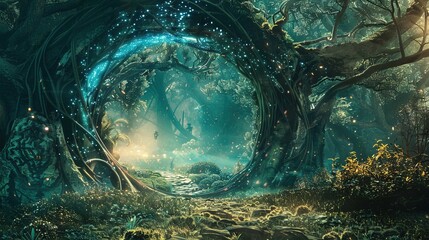 Gateway of Enchantment Elven Forest Portal to Another World - obrazy, fototapety, plakaty