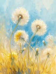 Dandelions dancing in a whimsical meadow - Dandelion seeds are carried by the wind across a sunlit field painted with soft strokes and vibrant colors