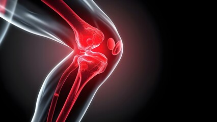 Artistic image of glowing red knee joint symbolizing pain or inflammation. Concept Body Parts, Red Glow, Pain, Inflammation, Artistic Representation
