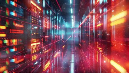 technology background. glowing servers data center room with bright bokeh light. seamless looping overlay 4k virtual video animation background - Powered by Adobe