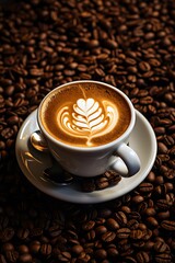 Obraz premium A coffee cup with cream surrounded by coffee beans