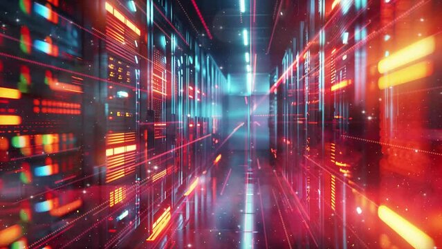 technology background. glowing servers data center room with bright bokeh light. seamless looping overlay 4k virtual video animation background