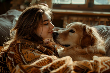 A woman talking beloved pet dog at home . best friend, friendship concept, Generative AI