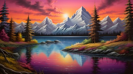 Panoramic landscape of mountains and lake at sunset. Beautiful nature background.