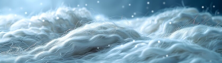A close up of a white fur blanket with snowflakes falling on it. - obrazy, fototapety, plakaty