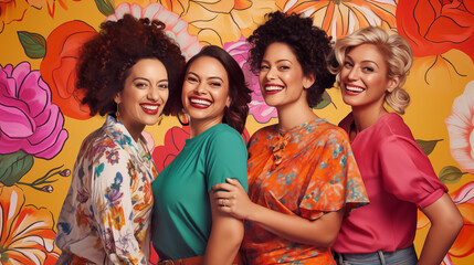 Colorful Friendship Four Women Smiling Together. Delightful portrait of four diverse women smiling...