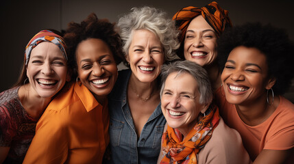 Diverse Group of Women Sharing Genuine Laughter. Captivating portrait of a diverse group of women, united by joyful laughter and radiant smiles, sharing a close moment.